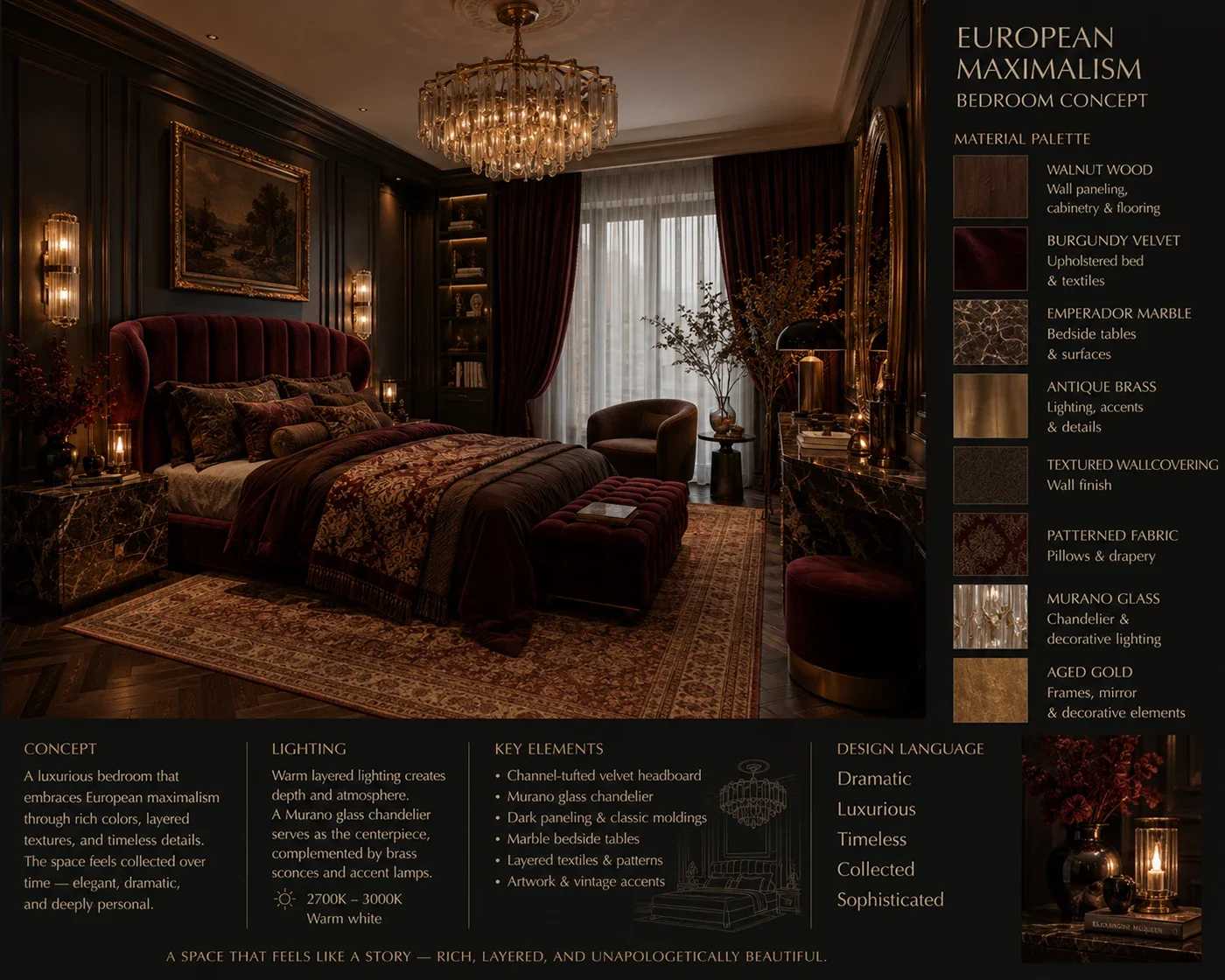 European Maximalism bedroom concept board: burgundy velvet, dark wood panelling, crystal chandelier and layered classic mouldings, with material palette.