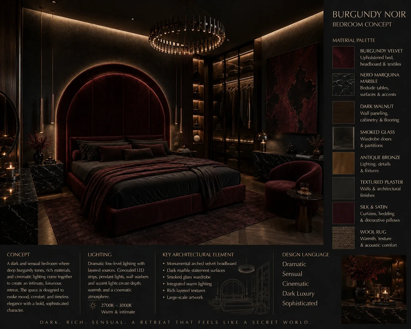 Burgundy Noir bedroom concept board: a dramatic burgundy suite with arched velvet headboard, marble and antique brass, with material palette.