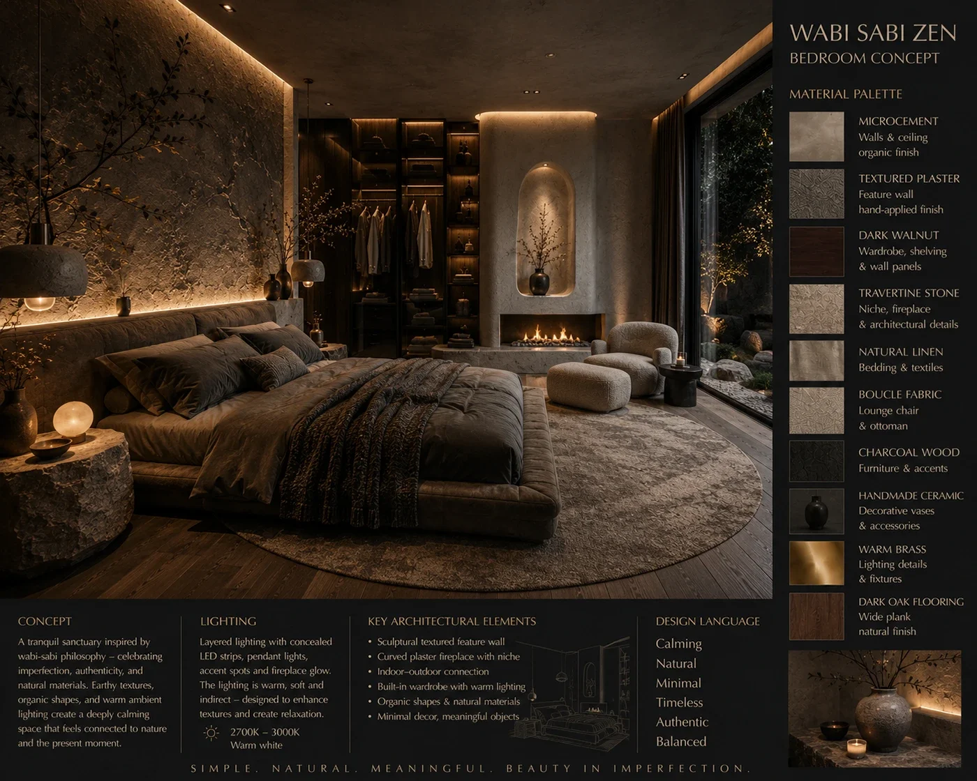 Wabi Sabi Zen bedroom concept board: microcement, textured plaster, dark walnut and handmade ceramics in a calm natural composition, with material palette.