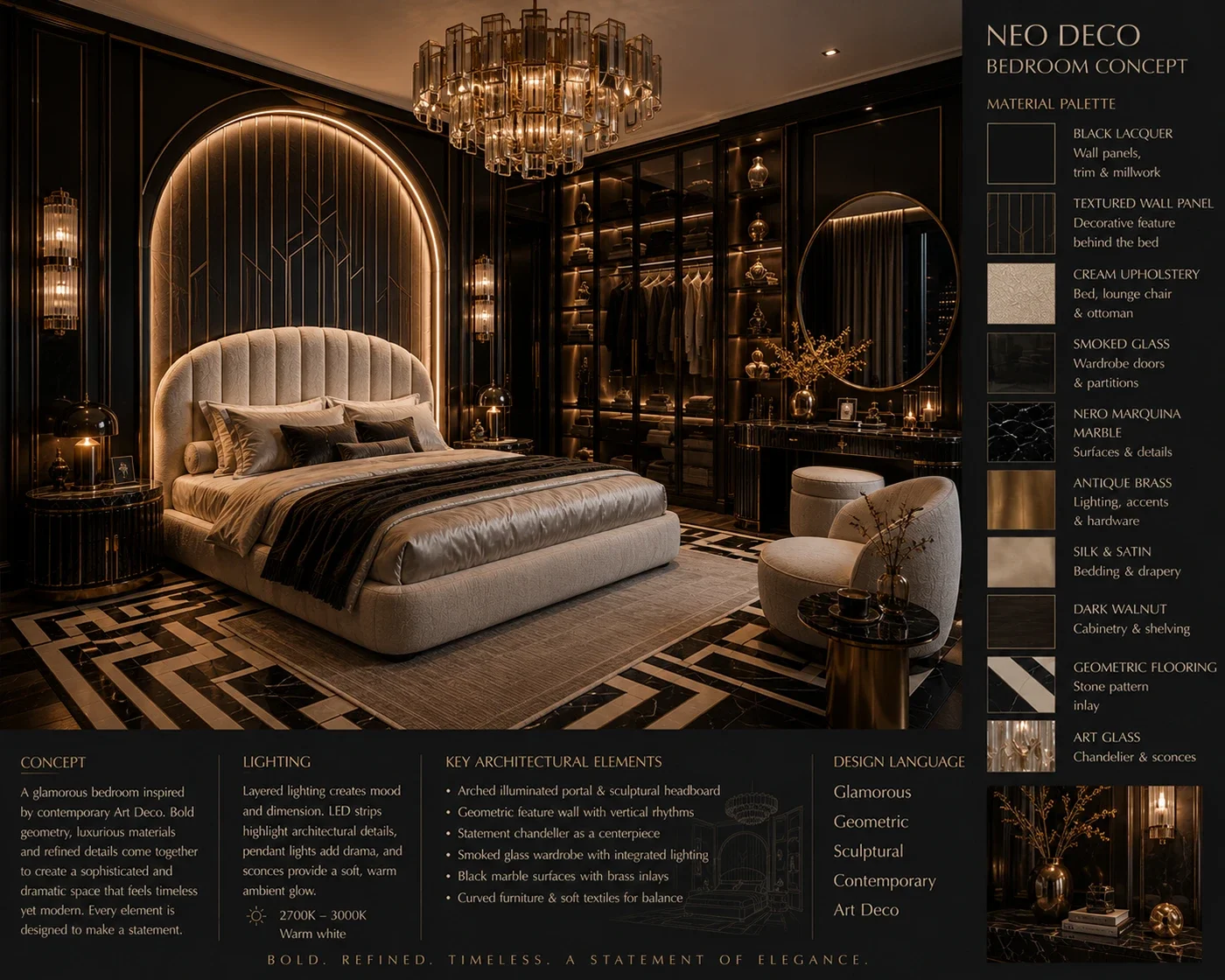 Neo Deco Luxury bedroom concept board: black lacquer, cream upholstery, arched illuminated portal headboard and geometric flooring, with material palette.