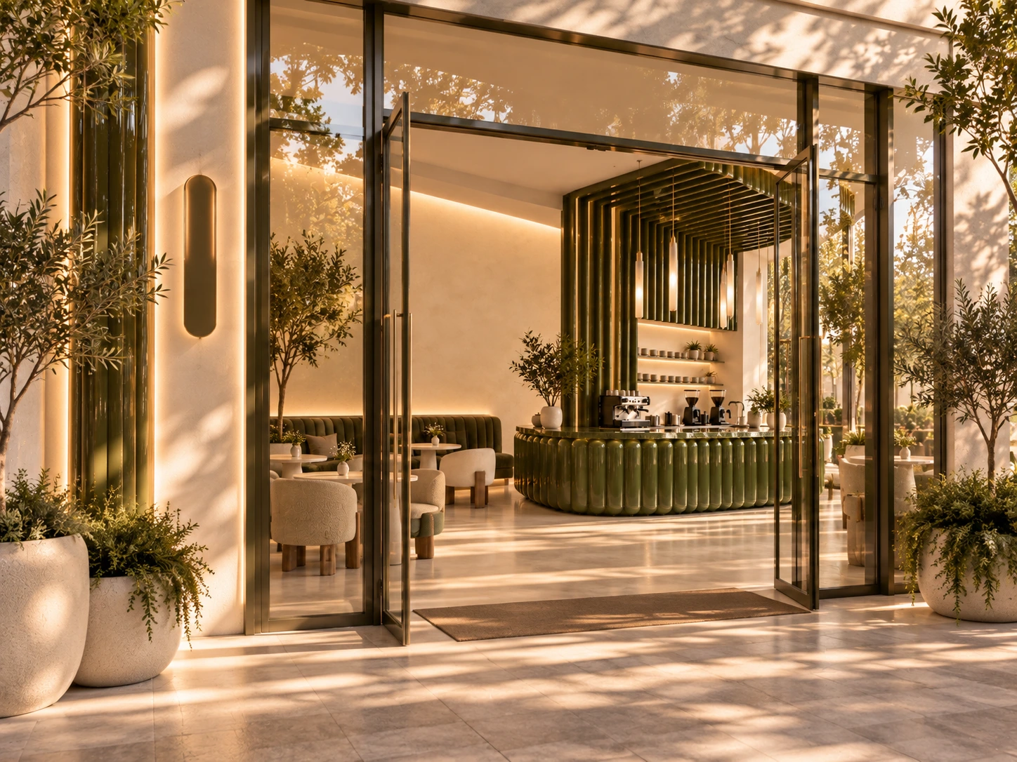 Arrival view of the olive-green café concept
