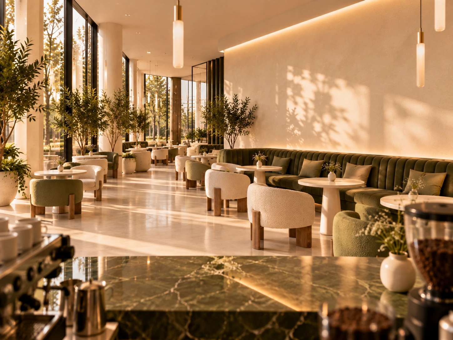 Café seating with olive upholstery and planting