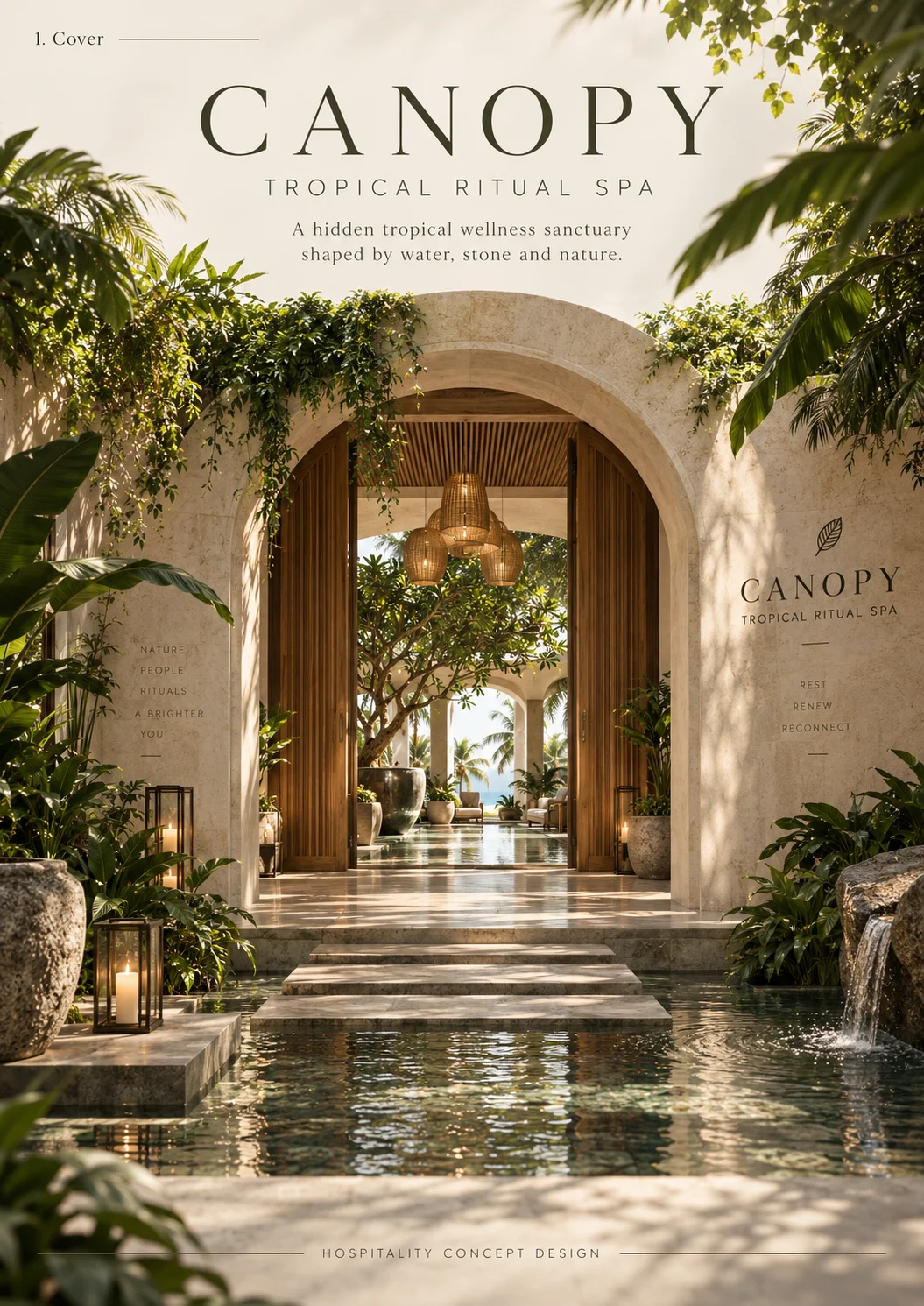 CANOPY tropical spa concept board 1: An arched entry pavilion over still water beneath tropical planting.