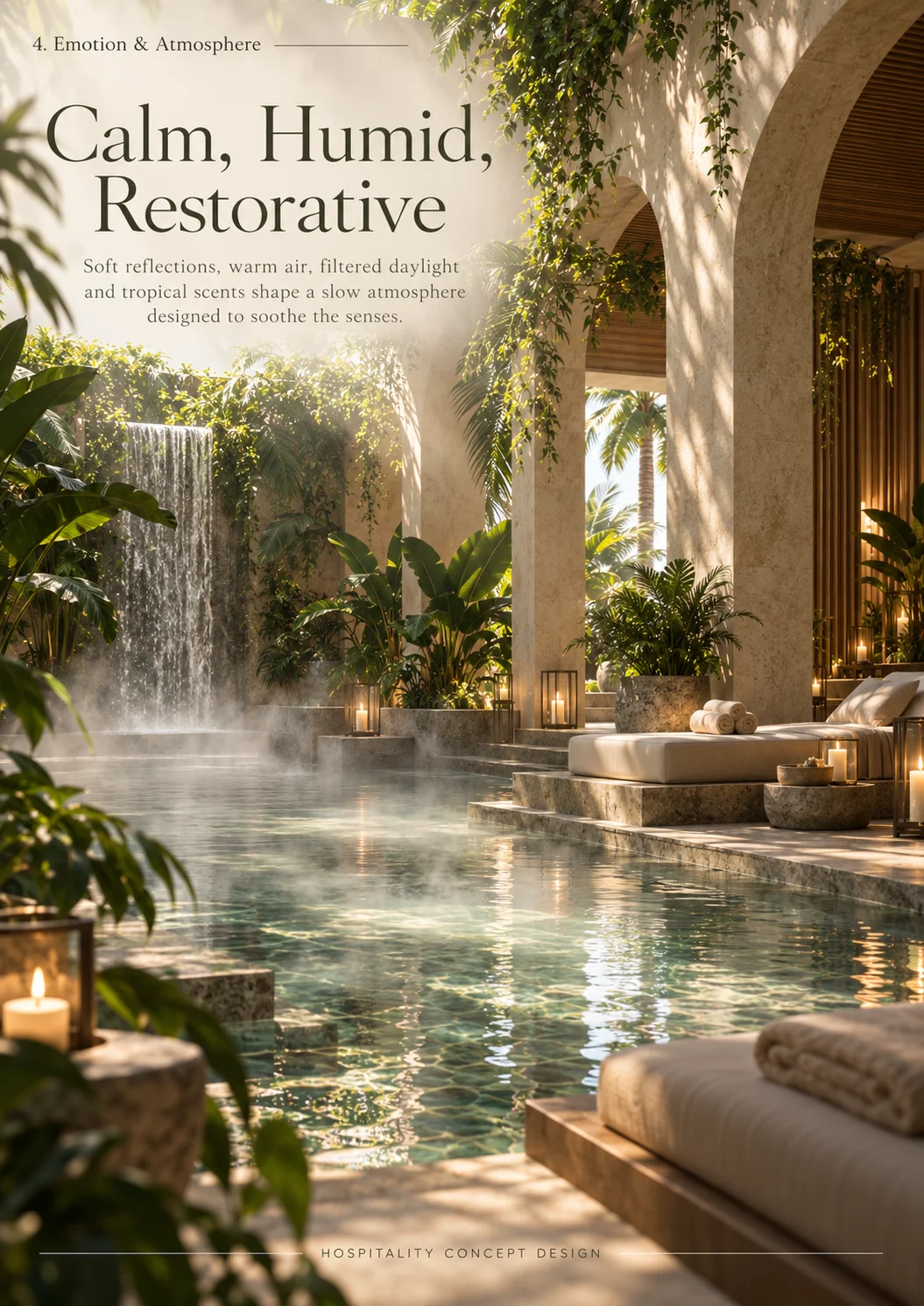 Calm, humid, restorative: the waterfall pool as the ritual’s centre.