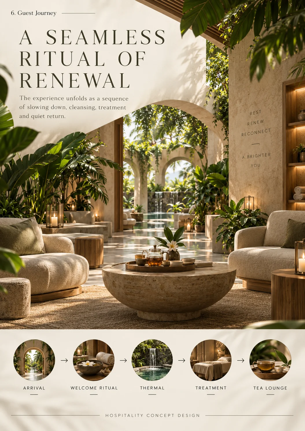 A seamless ritual of renewal, mapped from arrival to return.