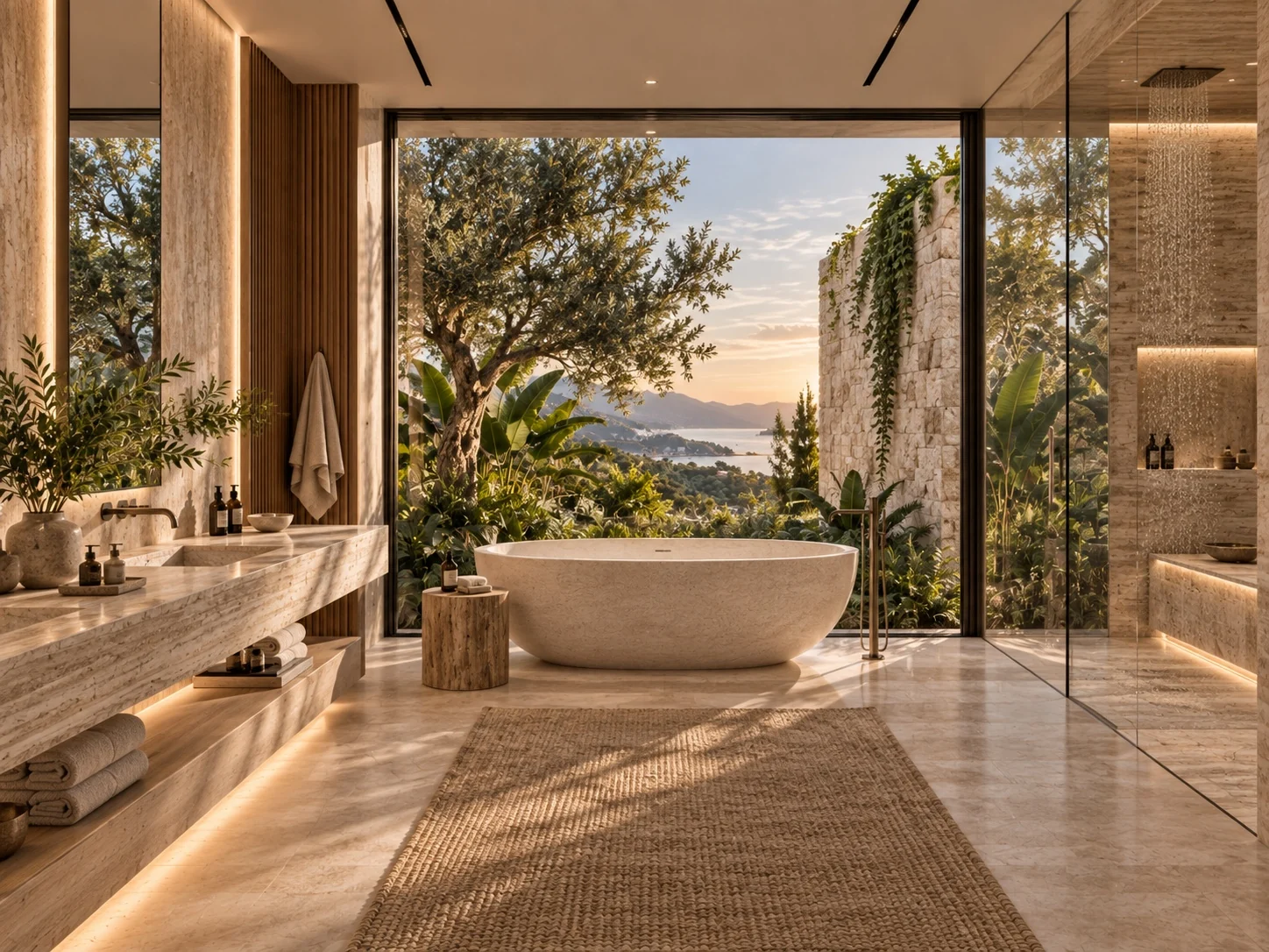 Stone bathroom with a freestanding oval bath, glass shower, long vanity and full-height glazing overlooking planting and the coast.