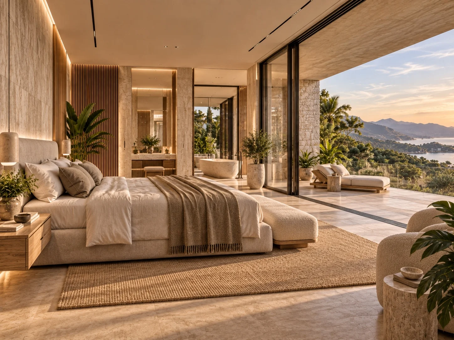 Calm bedroom with neutral linen, warm timber, pale stone finishes and wide glazing towards a private terrace and sea view.