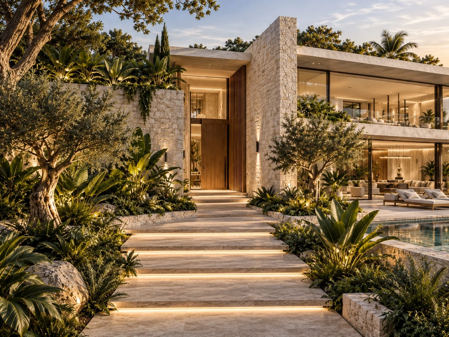 Warm timber entrance framed by tall stone walls, illuminated steps and layered garden planting.