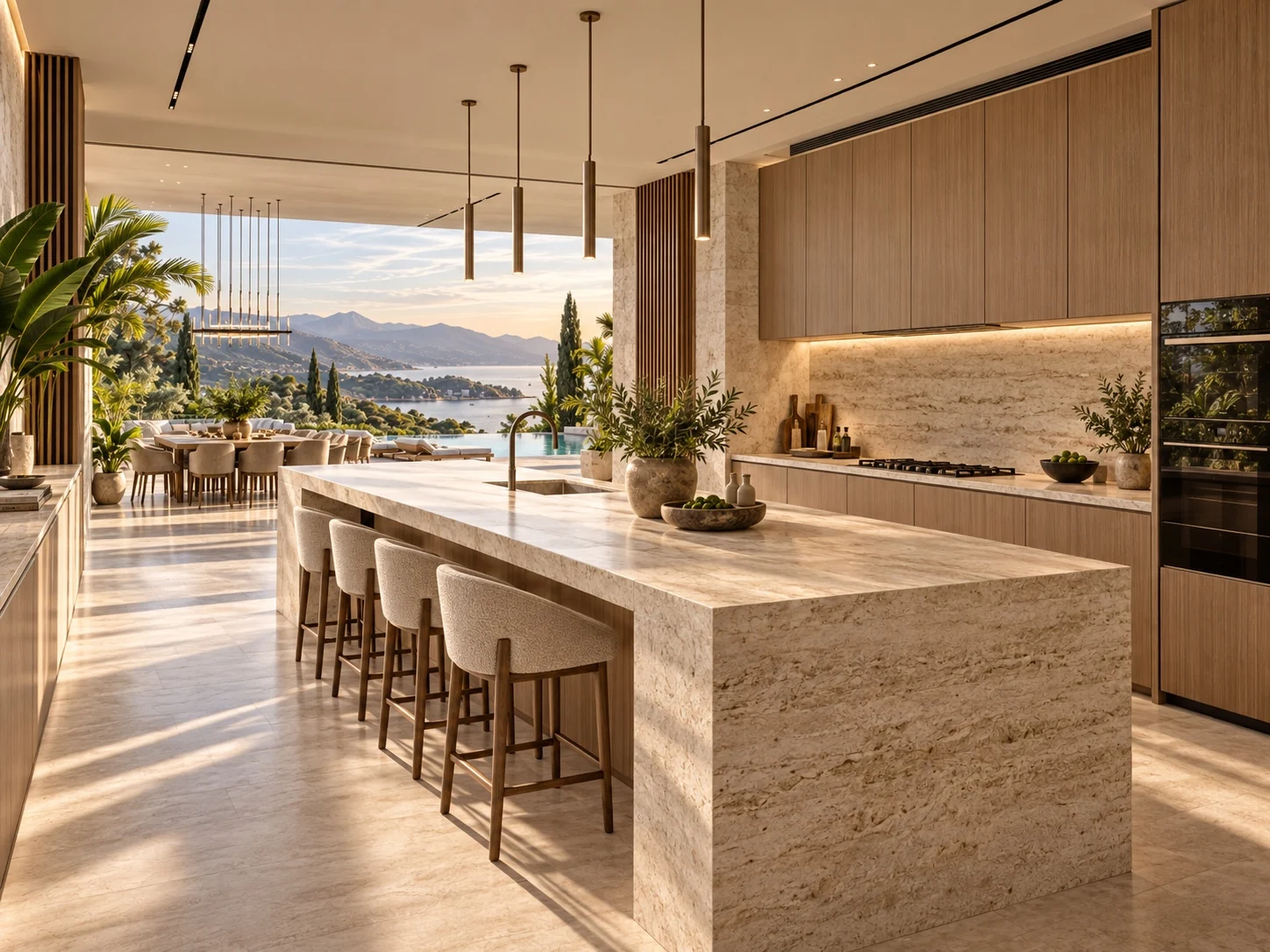 Monolithic light stone kitchen island, warm timber cabinetry and slim pendant lights with an open view towards the dining terrace.
