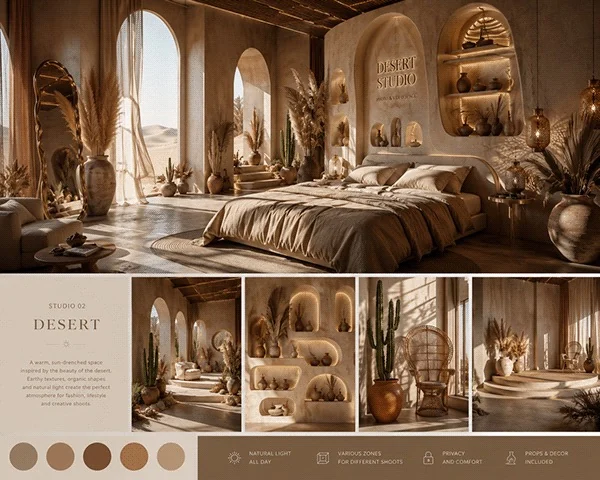 AI-assisted conceptual visualisation of a desert-inspired photo studio with sand tones, arched forms, natural textures and warm sunlight.