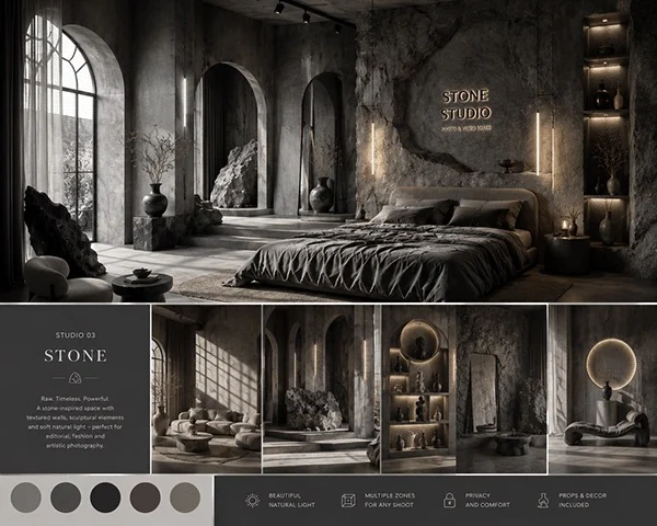 AI-assisted conceptual visualisation of a stone-inspired photography studio with raw mineral textures, sculptural rock forms, arches and dramatic shadows.