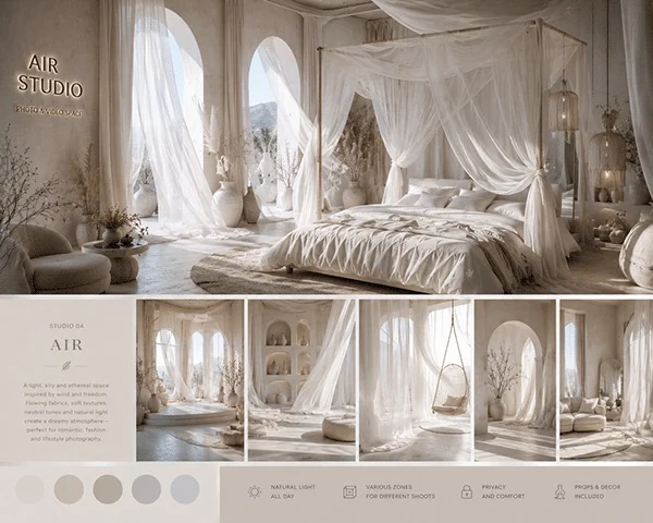 AI-assisted conceptual visualisation of an airy white photo studio with flowing drapery, canopy fabrics, pale neutral tones and soft natural daylight.