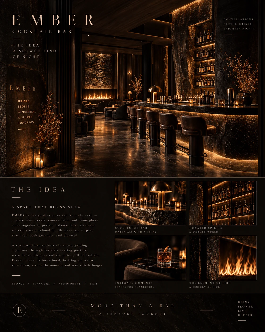 EMBER cocktail bar concept board 2: A slower kind of night: the central bar connects intimate seating pockets and the glow of the fireplace.