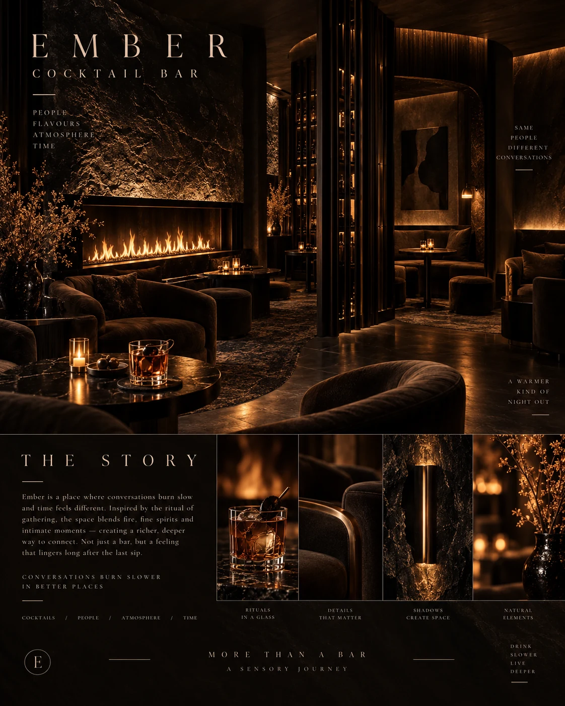 EMBER cocktail bar concept board 3: Fireside seating and sheltered booths create settings for conversation, gathering and unhurried evenings.