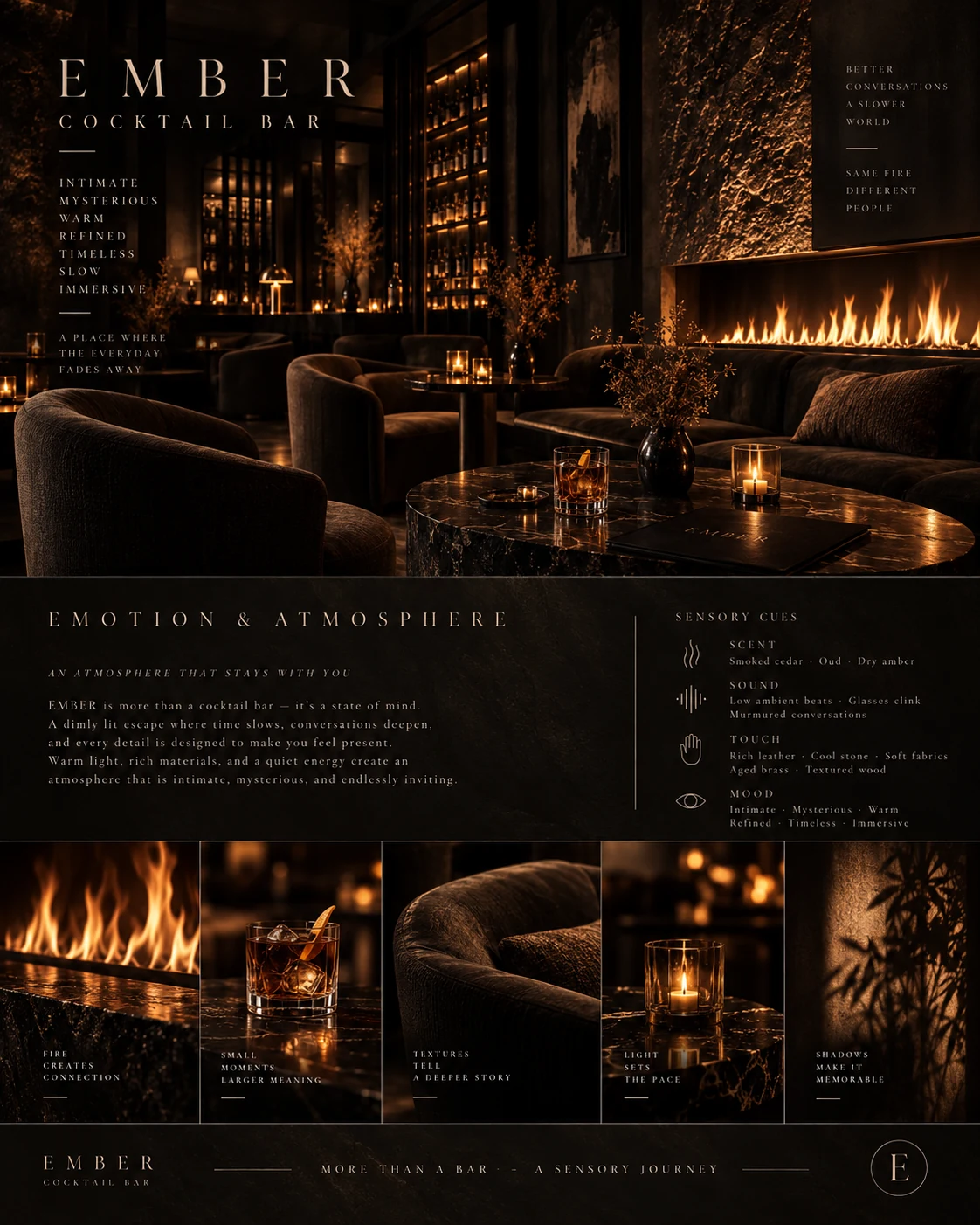EMBER cocktail bar concept board 4: Firelight, tactile upholstery and quiet pools of light shape the proposed sensory experience.
