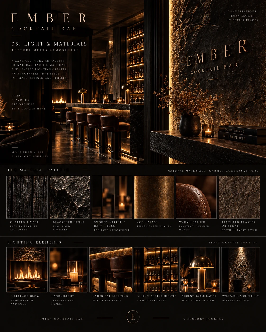 EMBER cocktail bar concept board 5: Charred timber, blackened stone, smoked mirror, aged brass and warm leather meet layered amber lighting.