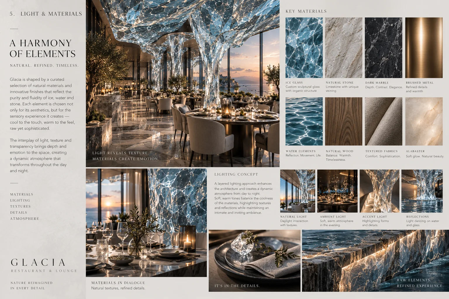 A harmony of elements: rippled glass, chrome, pale stone and layered light.