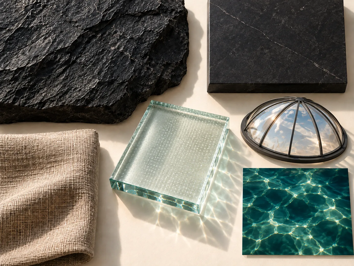Materials: charcoal stone, clear floor and dome glass, flax texture, and water green.