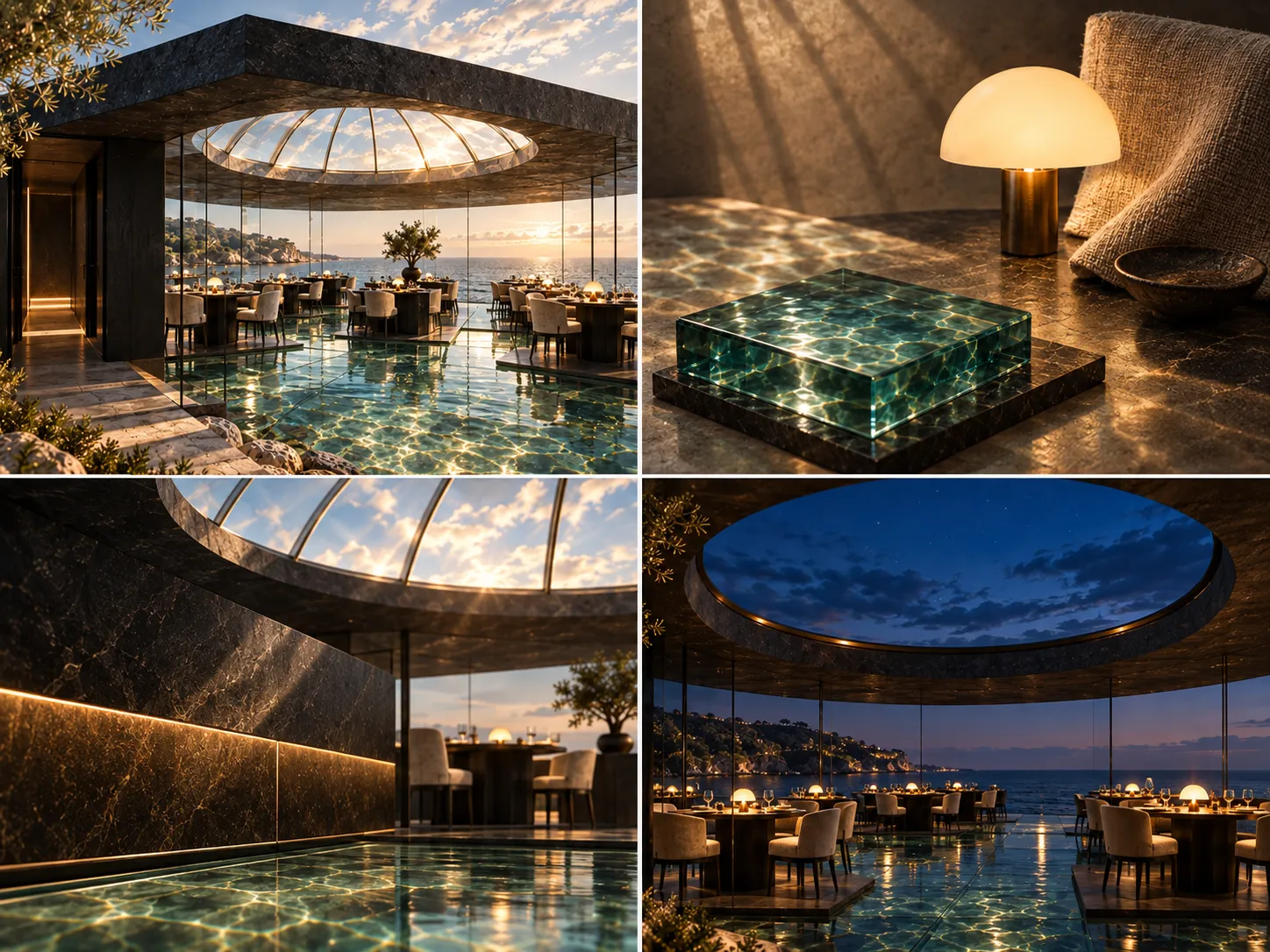 Lighting: sun through the closed dome, open blue-hour sky, and warm tables after dark.