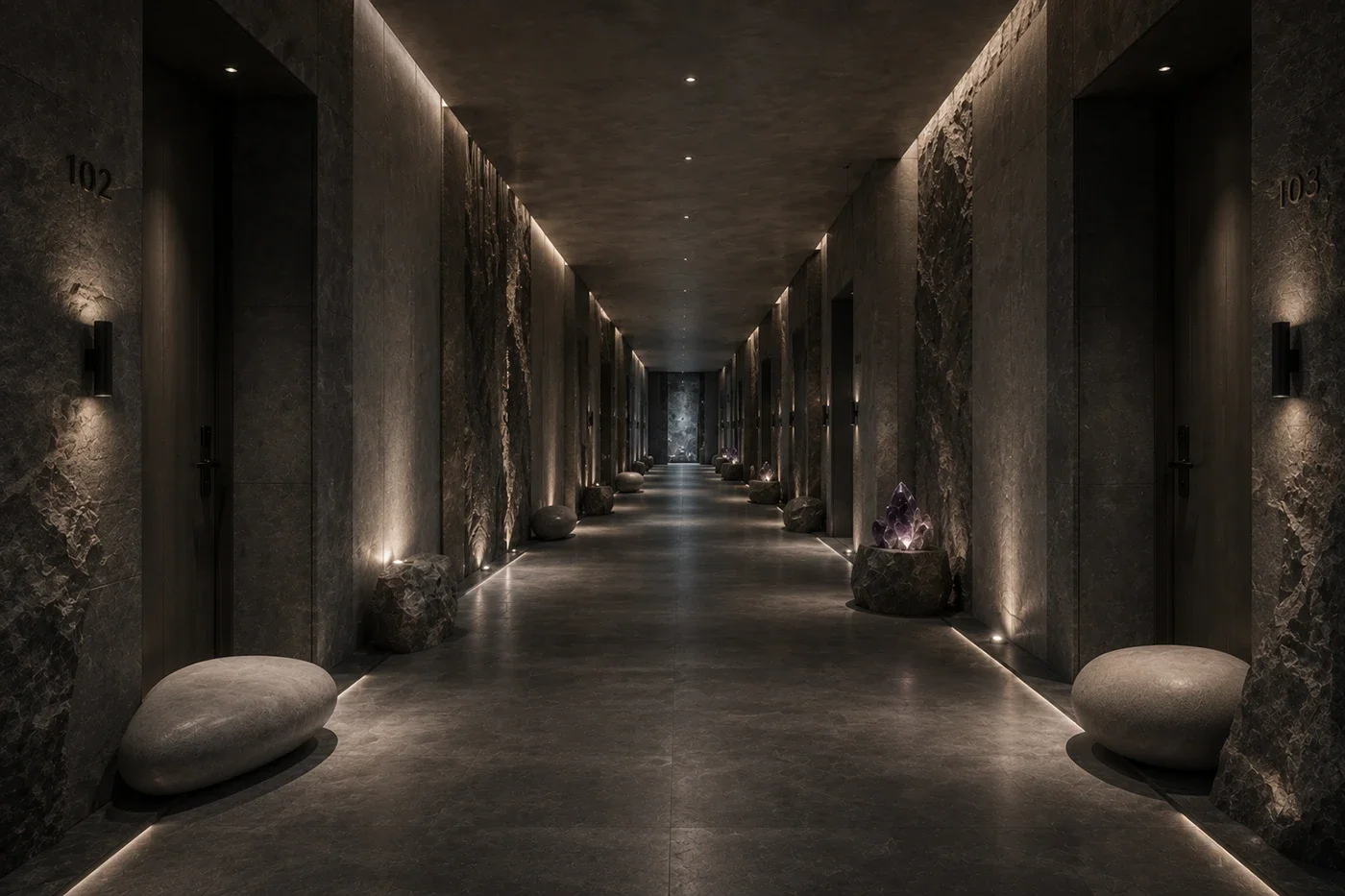 Guest-room corridor in dark stone with concealed lighting, stone seating and amethyst crystal accents.