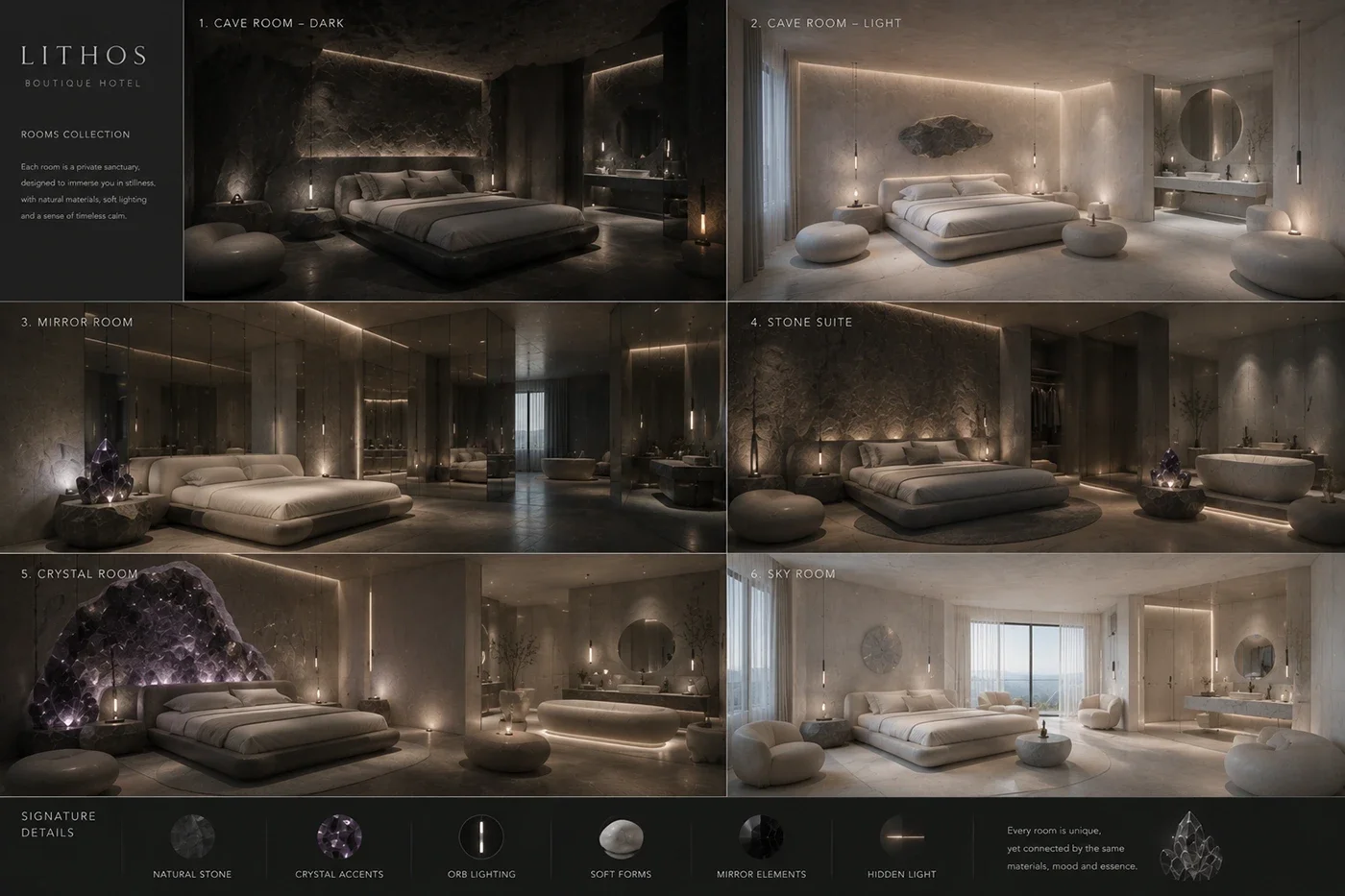 Rooms collection board: Cave Room Dark, Cave Room Light, Mirror Room, Stone Suite, Crystal Room and Sky Room.