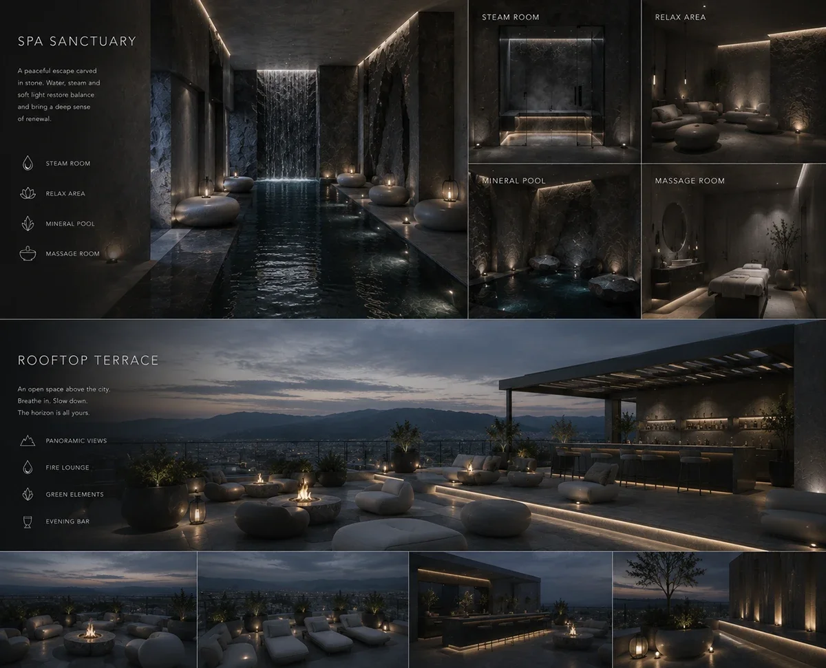 Spa sanctuary with rain-shower wall, steam room and mineral pool, and a rooftop terrace with fire lounge above the city.