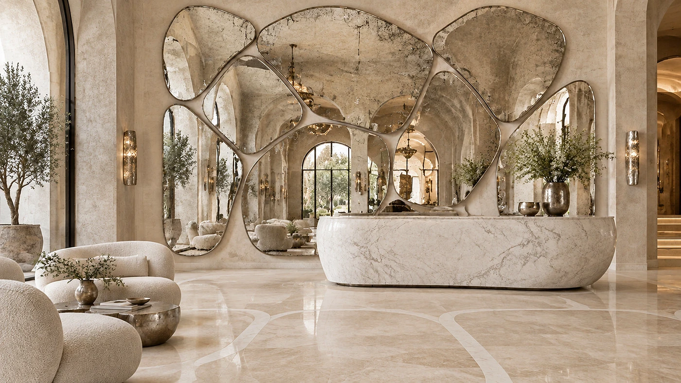 Lobby: sculptural antiqued mirrors above a white marble reception.