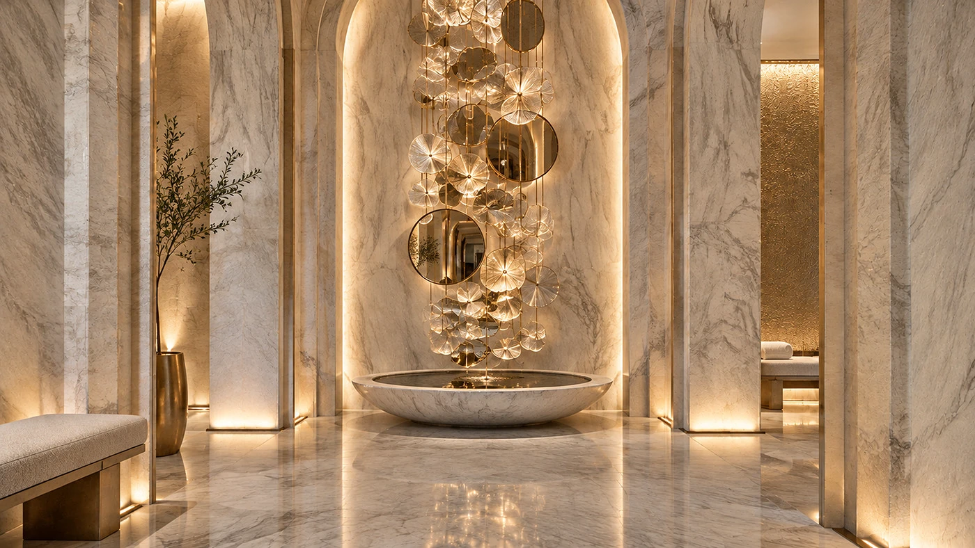 Spa entrance: suspended round mirrors and glass petals over a water basin.