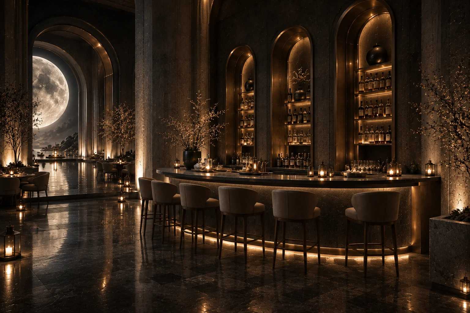 Curved dark stone bar with bronze-lined arched shelves and a view towards the moon installation.