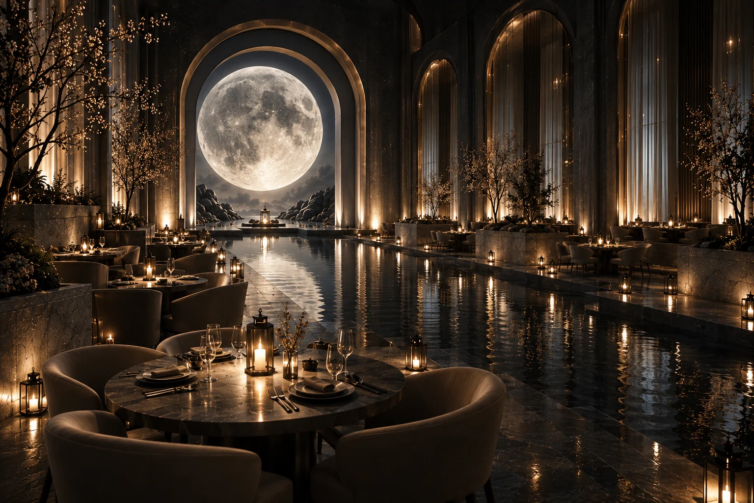 Side view of Moon Temple dining platforms, charcoal arches, reflecting water and luminous moon.