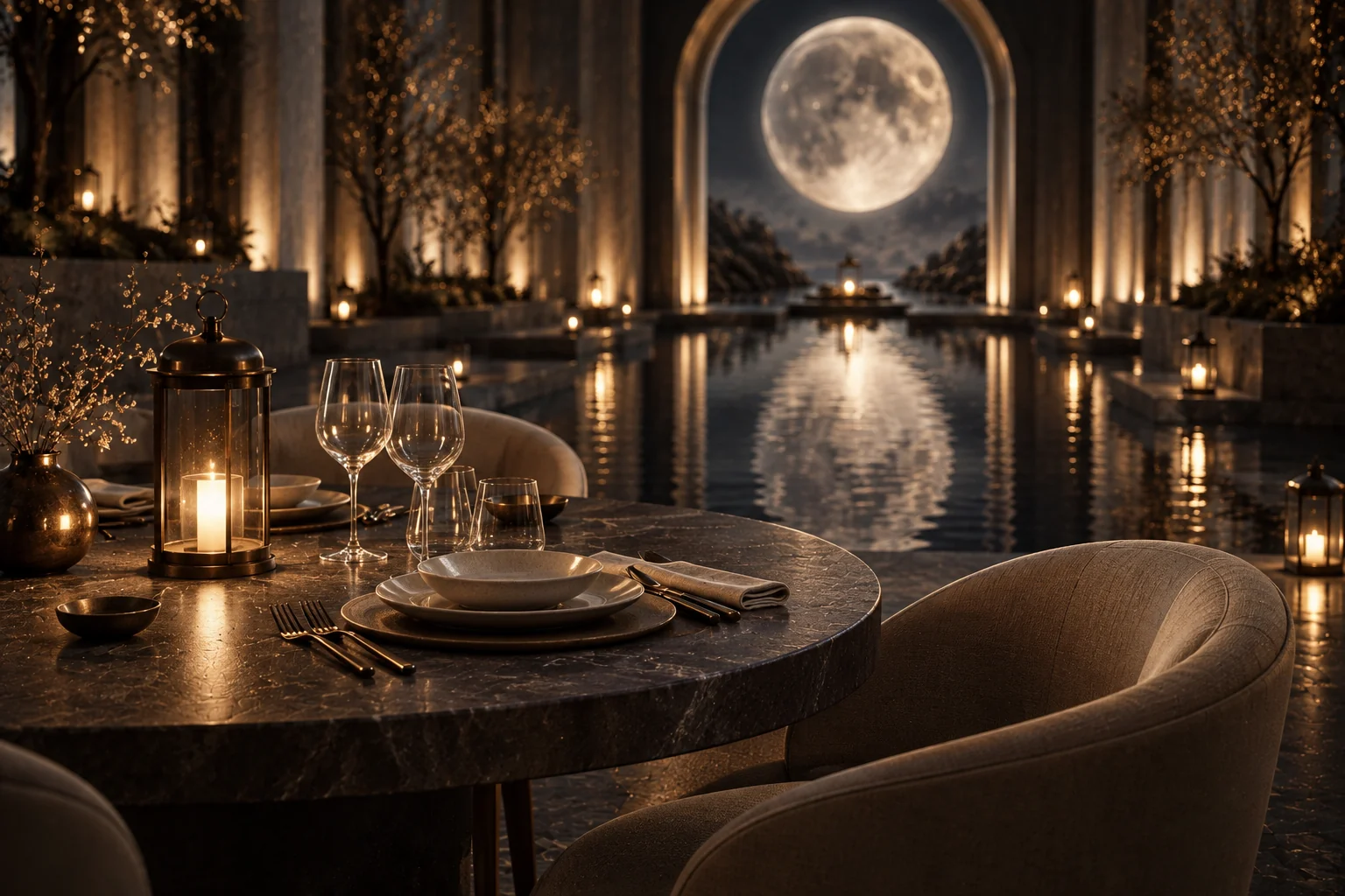 Charcoal stone table with bronze lantern, taupe upholstery and soft moon reflections.