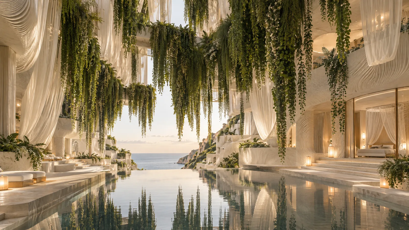 Inside the cut: an inverted hanging garden falls between the two sculpted wings, with an infinity pool reflecting the sea.