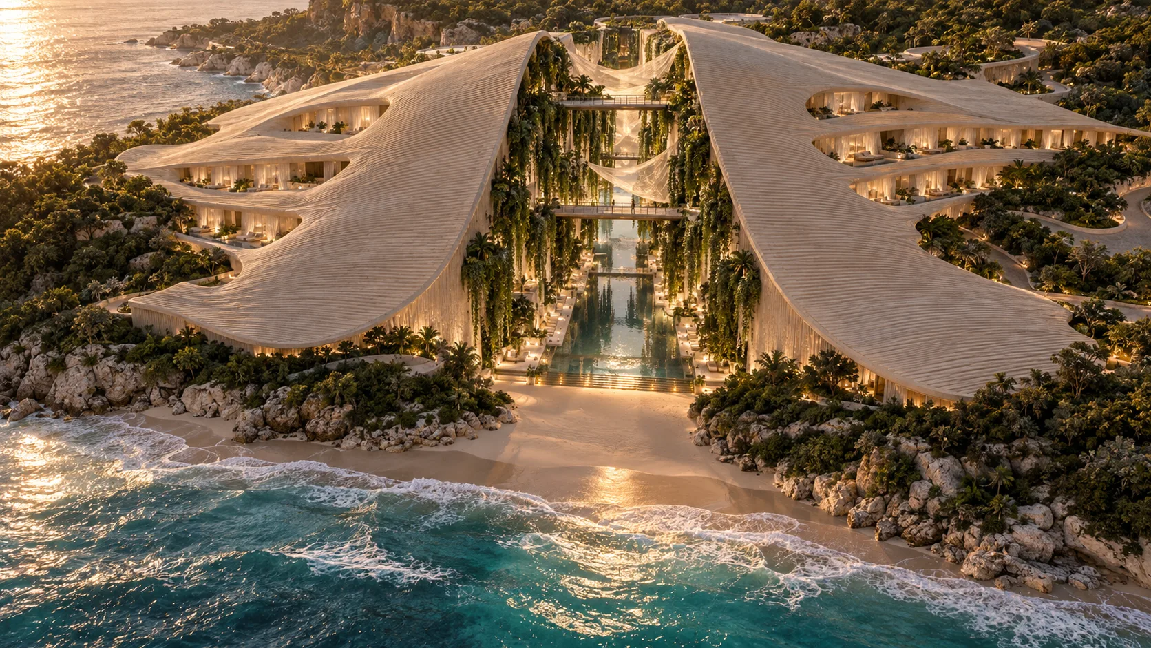 NACRA — aerial view of the dune-shaped boutique hotel opening toward the sea