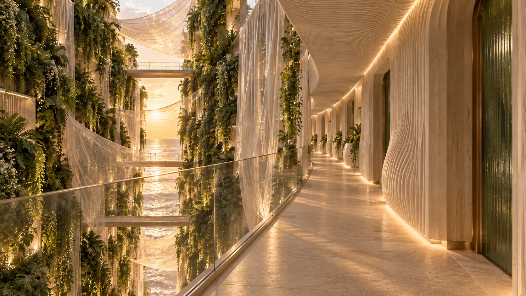 Garden corridor along the cut with a glass balustrade, sheer tulle veils and cascading plants above the sea.
