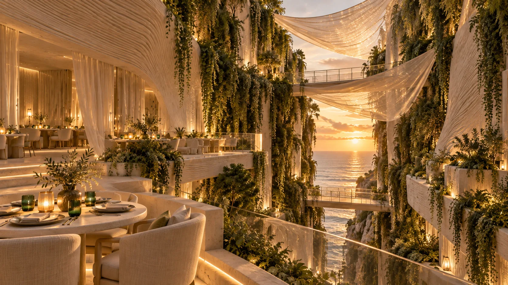 Restaurant terraces stepped along the cut, with deep green glass accents and bridges above the water.