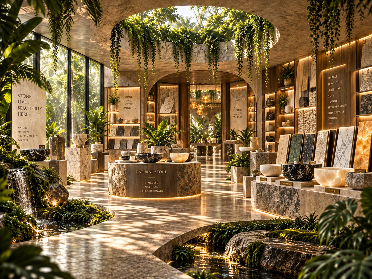 Luxury natural-stone showroom interior displaying marble, travertine, limestone, granite, quartzite, onyx, textured stone, vessels and sample libraries within a lush biophilic setting.
