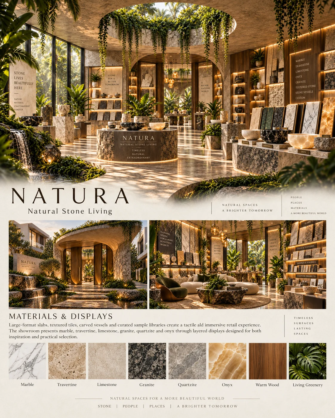NATURA — Materials & Displays Presentation board focused on natural stone categories and merchandising.