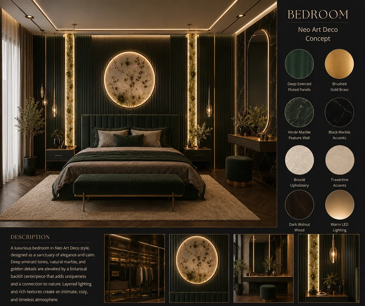 Neo Art Deco bedroom with a botanical backlit medallion, emerald headboard wall and brass pendant lights.