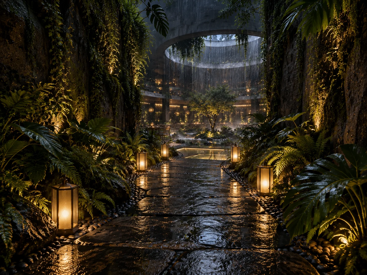 PETRICHOR garden restaurant concept board 2: A lantern-lit wet stone path between moss walls leads towards the oculus rain curtain.