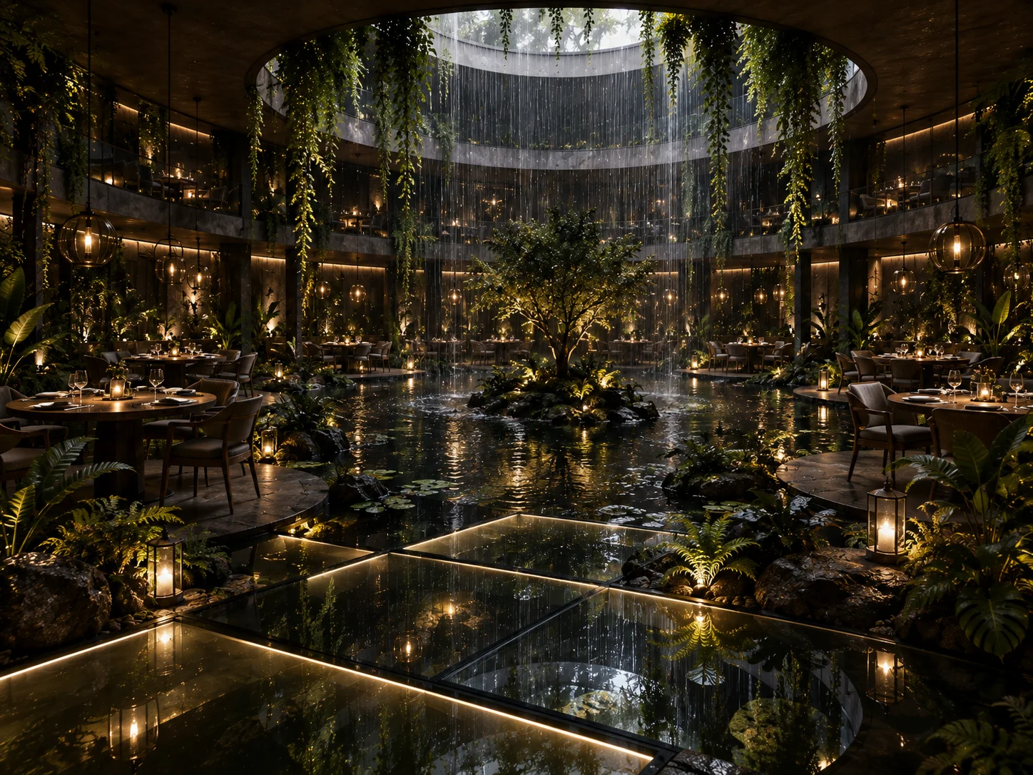 PETRICHOR garden restaurant concept board 3: Dining tables on stone terraces around the central pond under the oculus rain curtain.