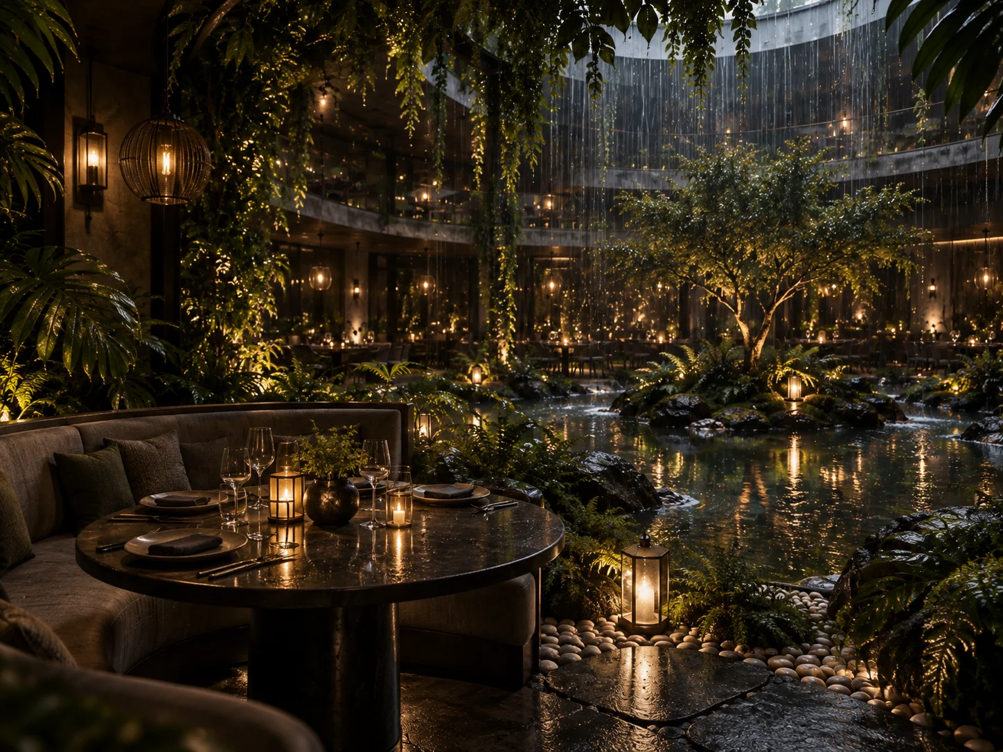 PETRICHOR garden restaurant concept board 4: A private dining alcove beside the pond, lit by candles and lanterns in the rain.