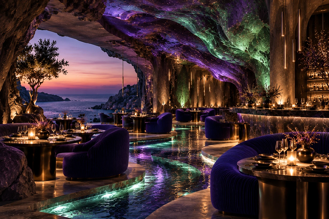 The evening atmosphere: green joins violet across the grotto.