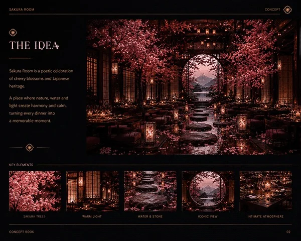 Sakura Room concept idea board with a main dining view and details of blossoms, warm light, water and stone.