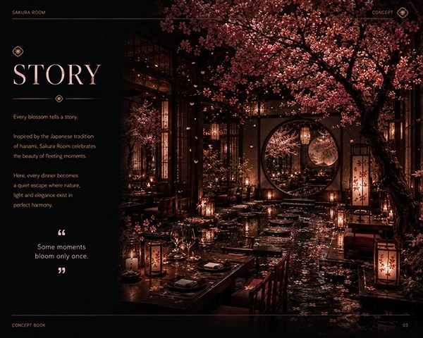 Sakura Room story board showing a blossom canopy, dark timber dining room and circular opening.
