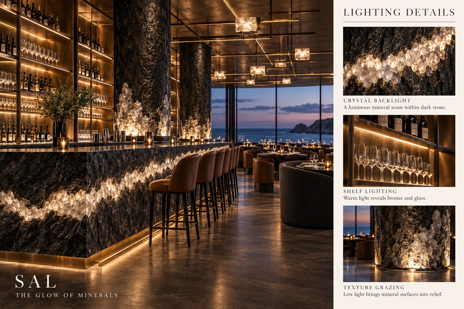 The glow of minerals: a backlit crystal seam runs through the bar.