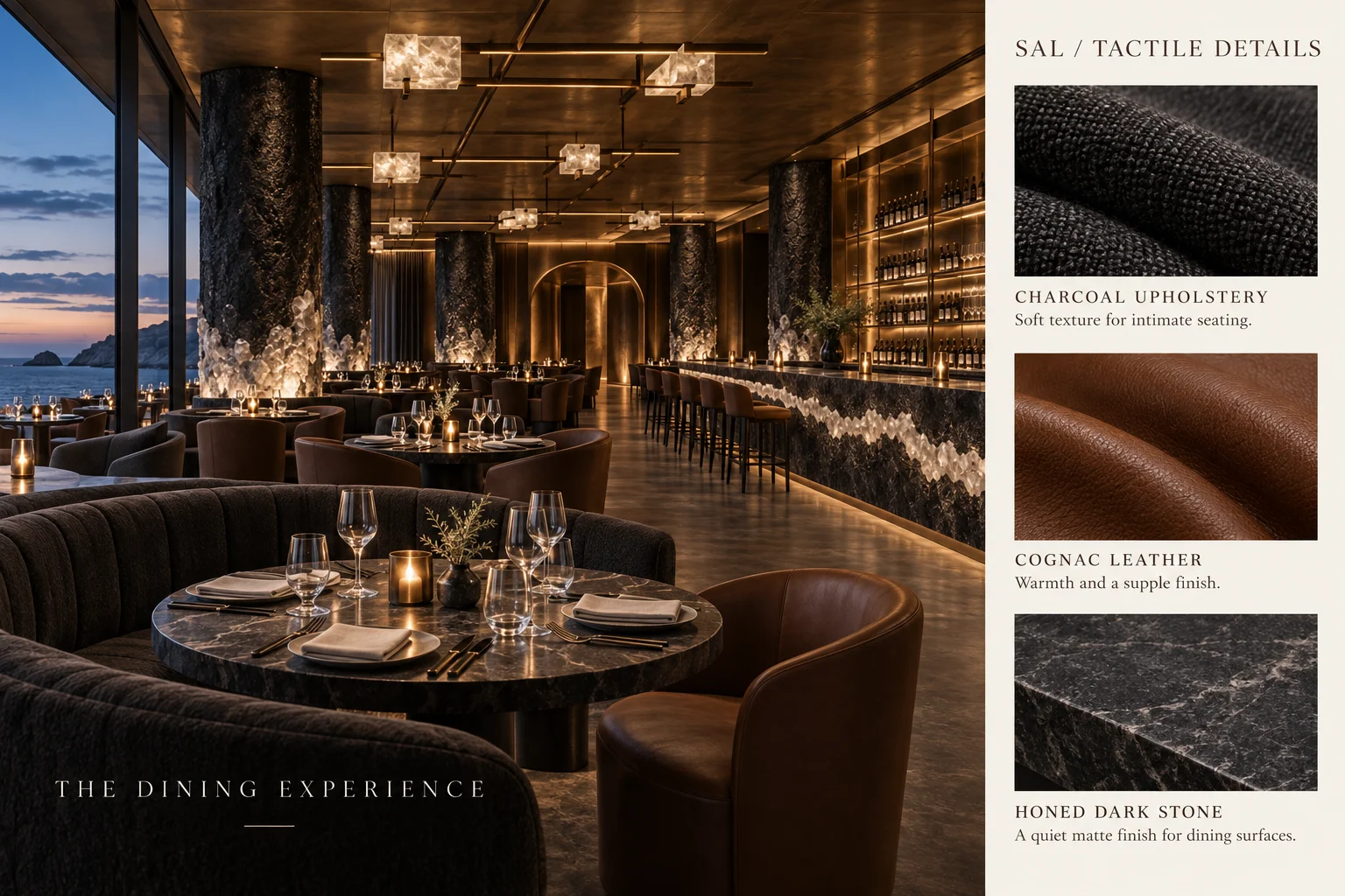 The dining experience told through mineral textures and table details.