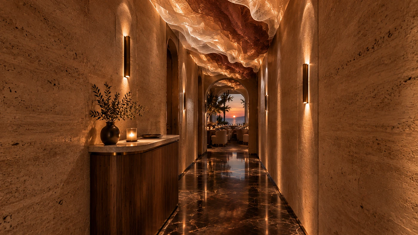 Corridor: the arrival route carries the same sculptural language.