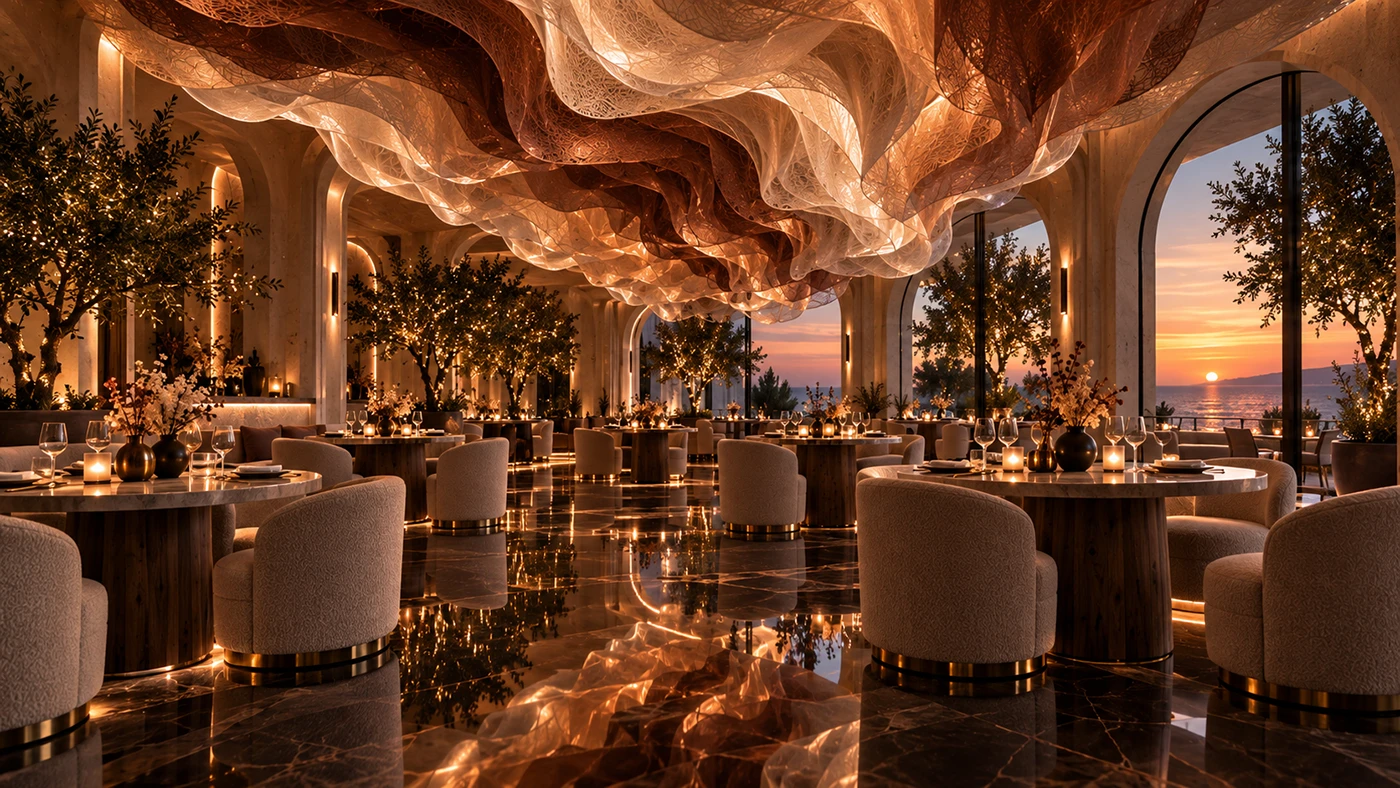 Dining space: a flowing ceiling and warm lighting shape the atmosphere.