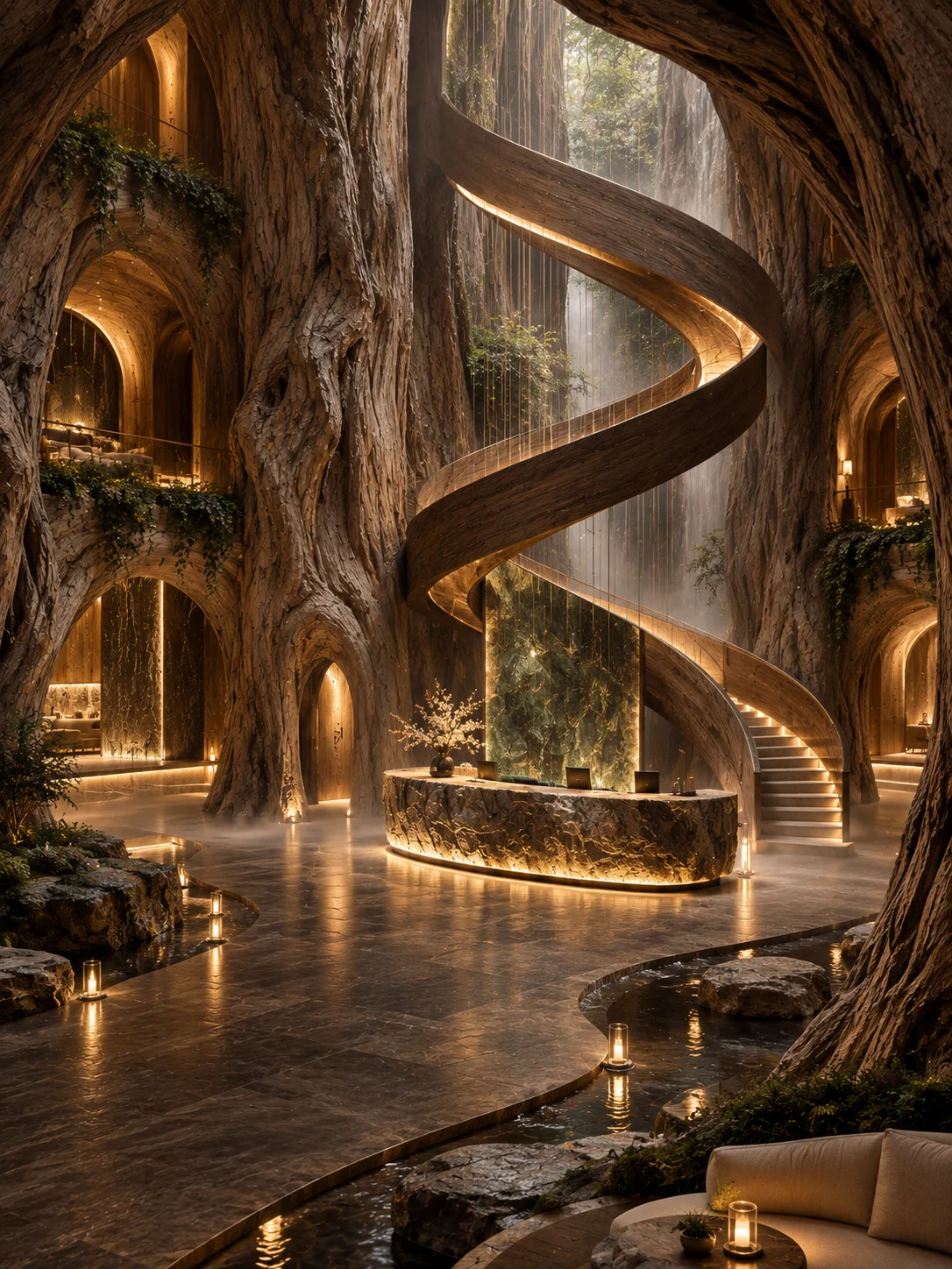 Hotel lobby inside a colossal hollow tree, with a spiralling wooden staircase, green marble reception desk, rain-like light threads and candle lanterns.