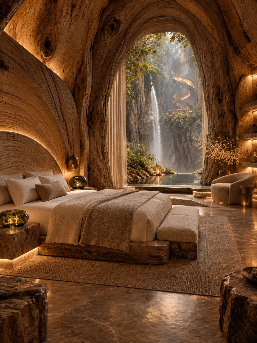 Guest suite carved into warm wood, with a soft bed in natural textiles and an arched opening framing a waterfall.